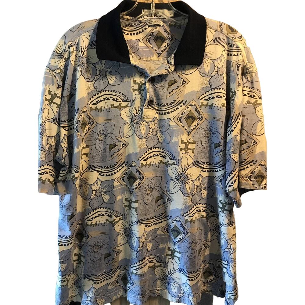 A.M. Player Vintage Mens L Blue Floral Short Sleeve 1/4 Button Cotton Polo Shirt